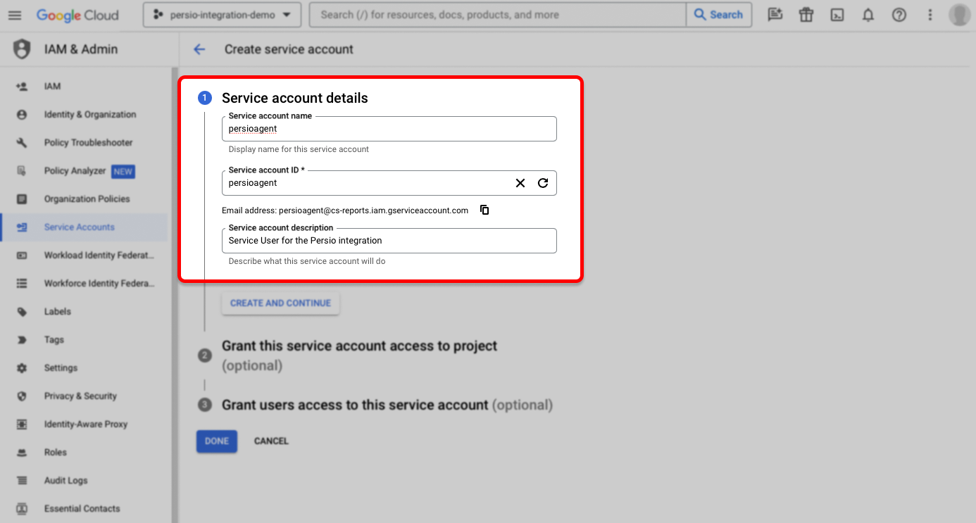 Service Account Details