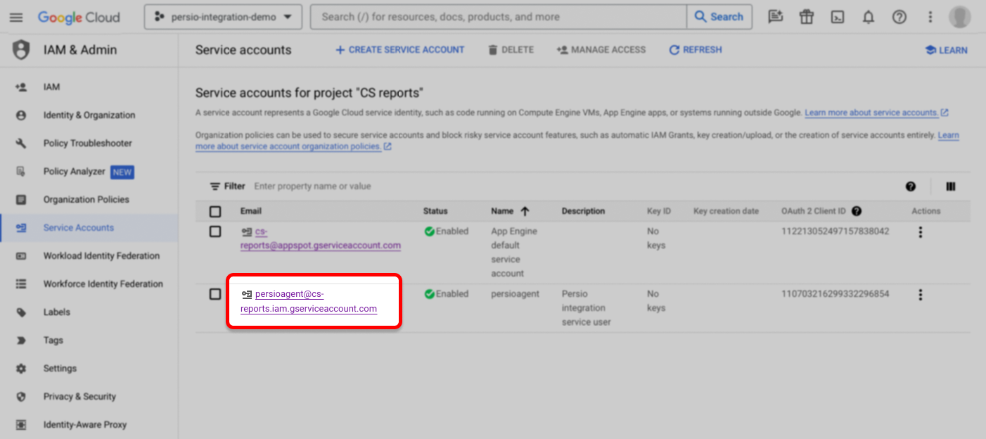 Service Account List